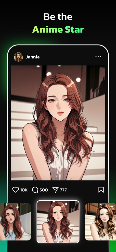 AI Photo Editor - AI Morph - A woman turned into an anime character using AI Morph app displayed in a social media interface