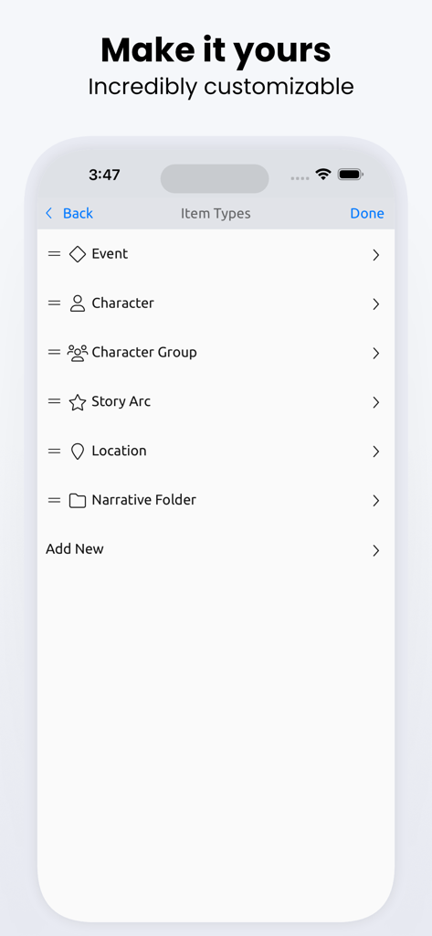 Aeon Timeline 3 - Interface d'Aeon Timeline 3 montrant des types d'éléments personnalisables, y compris l'arc narratif de personnage et le lieu