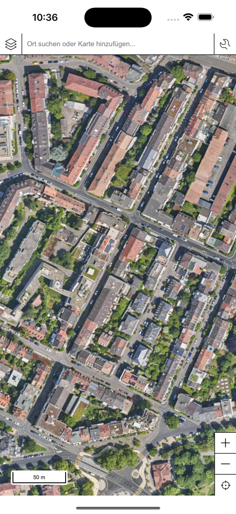 Satellitenansicht von städtischen Grundstückslayouts und Straßen in der offiziellen Basel Stadtplan GIS App