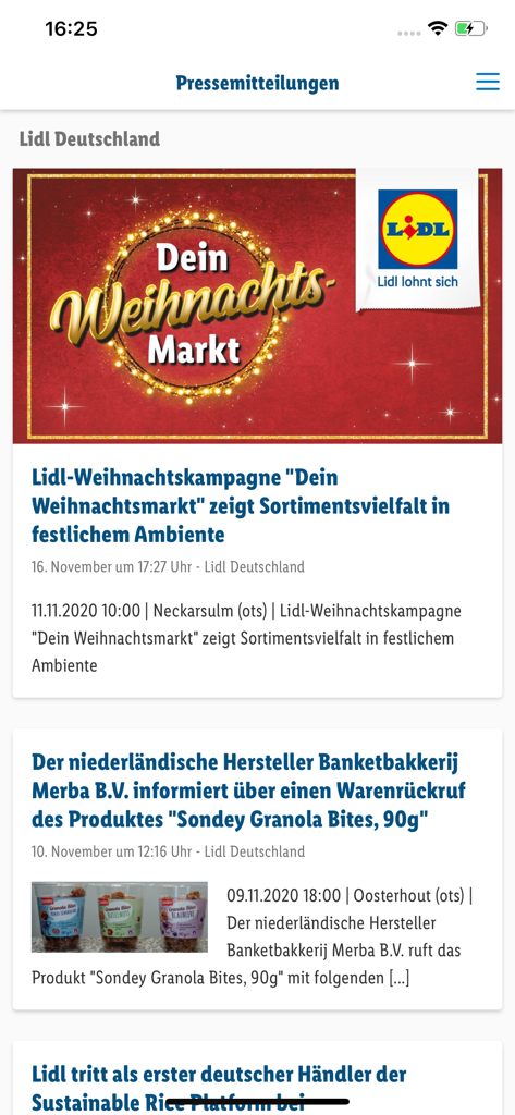 Mobile screen of the We Are Lidl app displaying a news feed with corporate announcements and press releases