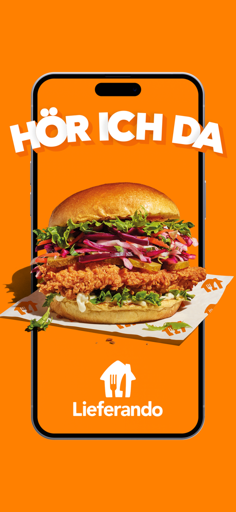 Lieferando App-Bildschirm mit einem knusprigen Hähnchenburger und dem Slogan Hör ich da