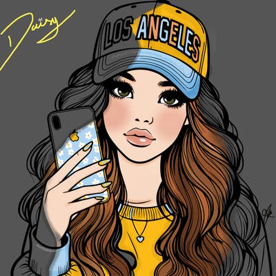realistic beautiful girl wearing los ángeles cap holding an iphone
