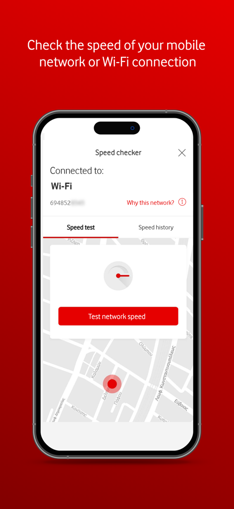 My Vodafone - My Vodafone app speed checker interface showing network speed test button and map