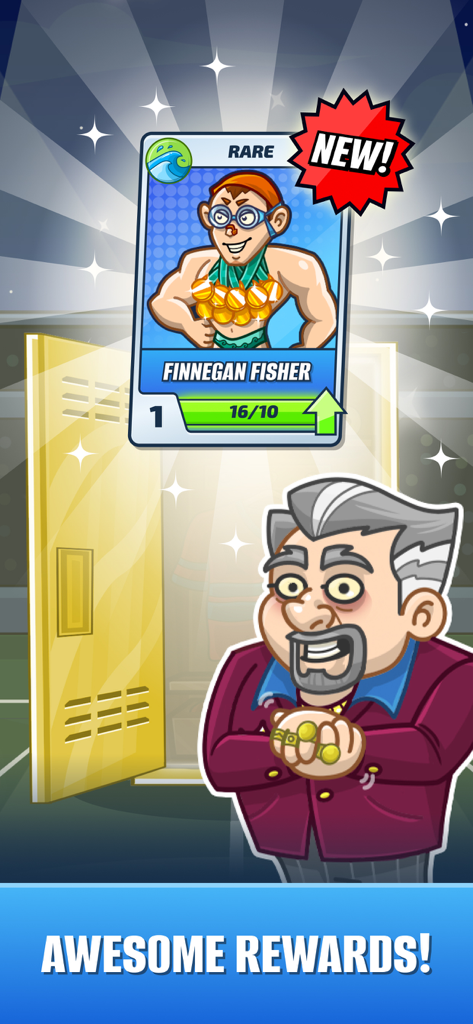 A rare Finnegan Fisher character card reward in Idle Sports Tycoon game