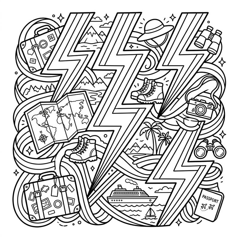 Ignite your imagination with this captivating coloring page featuring dynamic ribbon lightning woven through a tapestry of exciting vacation scenes. Prepare to embark on a colorful journey filled with travel, adventure, and electrifying fun.