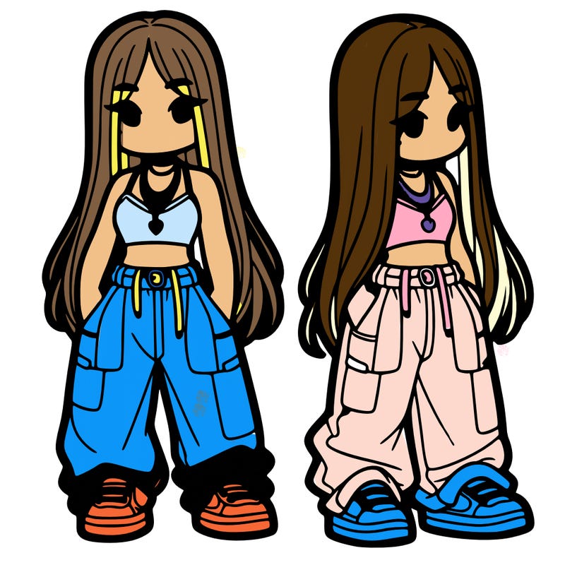 girl in baggy pants crop top and long hair