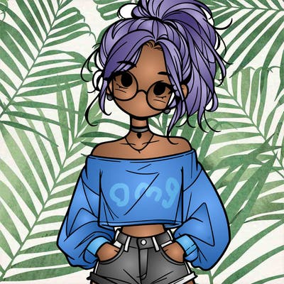 girl with a messy ponytail glasses a baggy crop top and jean shorts