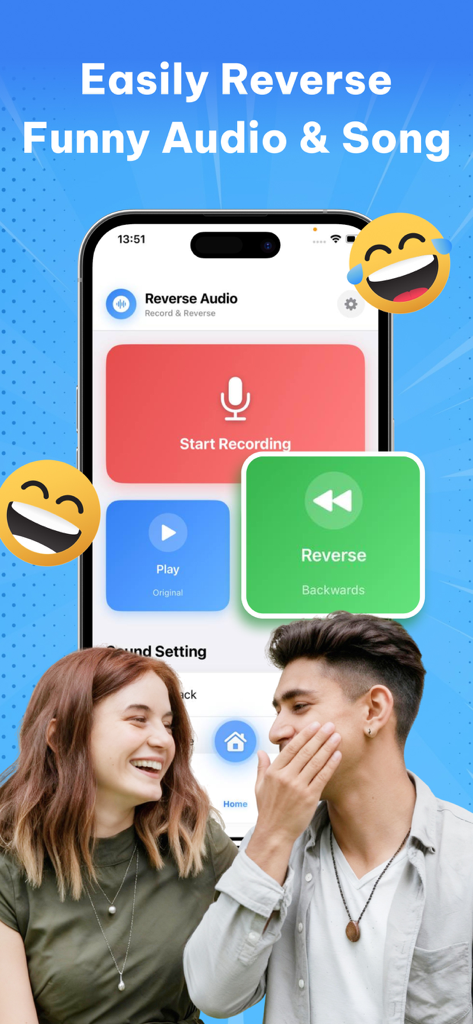 Smartphone displaying the Reverse Audio app interface with buttons to record and reverse sound next to a laughing couple.