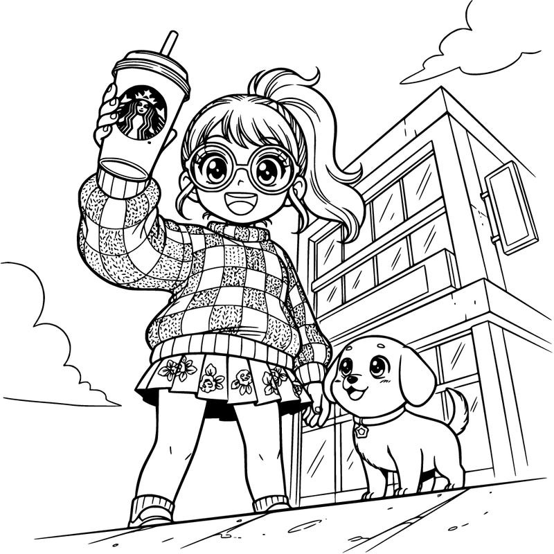 girl with glasses on and wearing a sweater and a skirt drinking starbucks