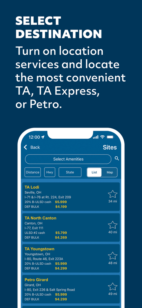 TruckSmart app interface showing a list of TA and Petro truck stop locations with fuel prices and distances.