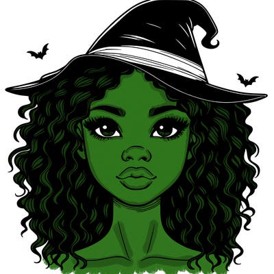 realistic black girl with wavy hair and witch hat and nose and lips