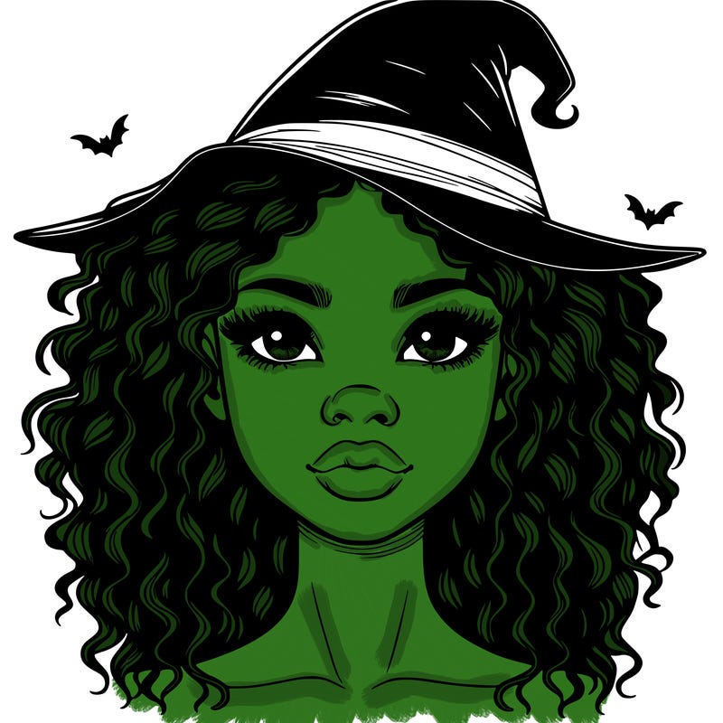 realistic black girl with wavy hair and witch hat and nose and lips