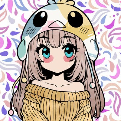 anime girl with chick shaped hat with sweater with bare shoulders with bangs covering them one eye with low tail