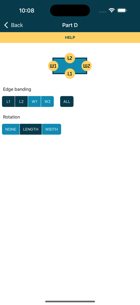 Cutlist Optimizer V2: SmartCut - Configuration screen for edge banding and rotation settings of a woodworking part