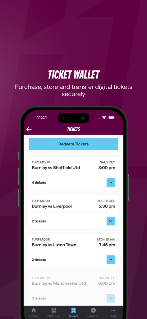 バーンリーFC公式アプリのチケットウォレット画面。ターフ・ムーアでの試合のデジタルマッチチケットが表示されています。