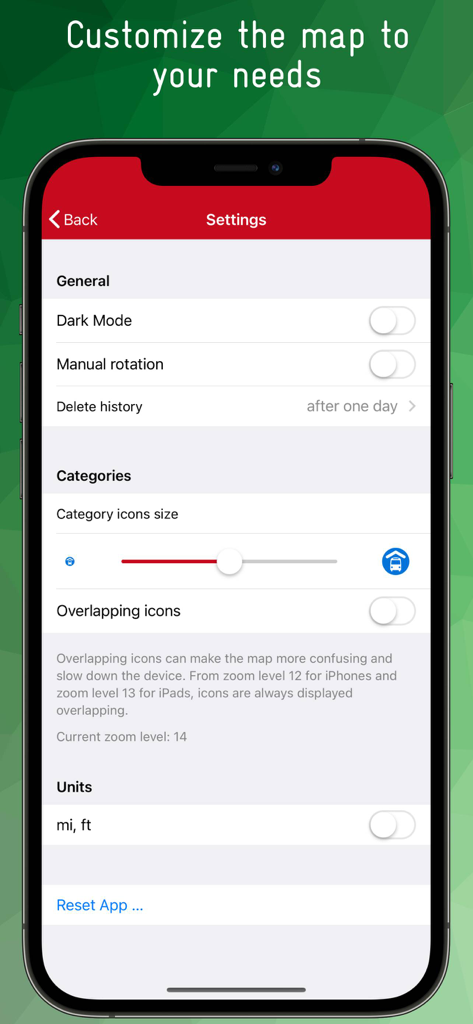 Interface des paramètres de l'application pour personnaliser les unités d'icônes de carte et le mode sombre dans l'application de voyage Malte et Gozo