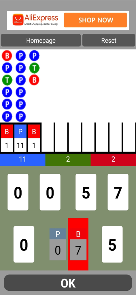 Interfaz de tablero digital para la aplicación Infinity BP card que muestra resultados codificados por color y estadísticas numéricas.