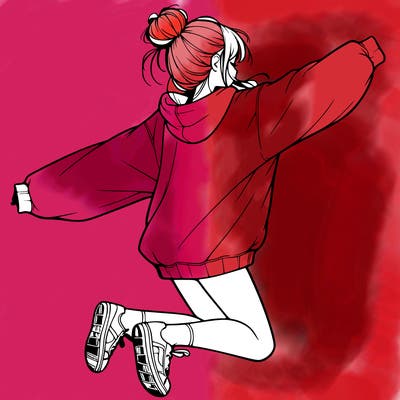 realistic girl jumping with a bun and oversized sweatshirt