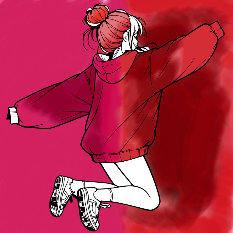 realistic girl jumping with a bun and oversized sweatshirt
