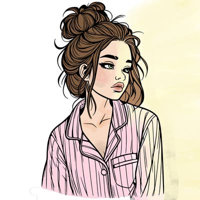 realistic woman with pajamas on and a messy bun