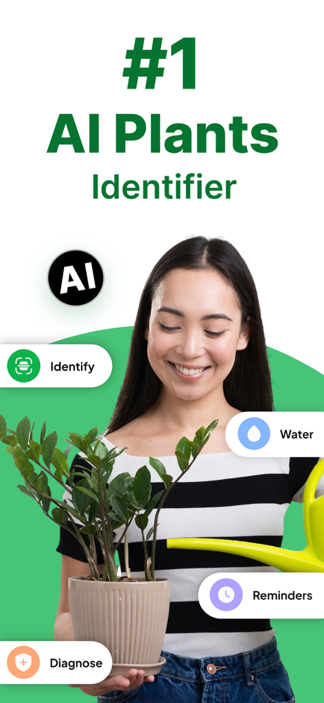 Interface do aplicativo Leafy mostrando uma mulher segurando uma planta com ícones flutuantes para identificação, diagnóstico e lembretes de rega.