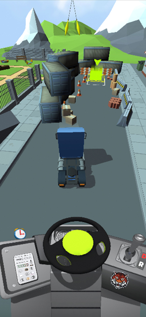 Dream Vehicle Car Driving Game - Un camión azul navegando por una pista de conducción con contenedores de transporte y conos de tráfico en una simulación 3D.