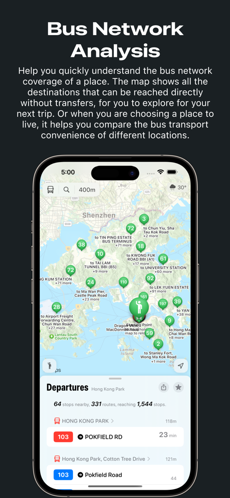 Bus network analysis map showing direct destinations and live departure times in Hong Kong