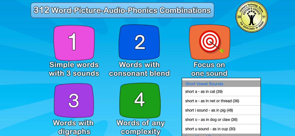 Montessori Crosswords for Kids - Screen showing four progressive difficulty levels and phonics sound categories in the Montessori Crosswords app.