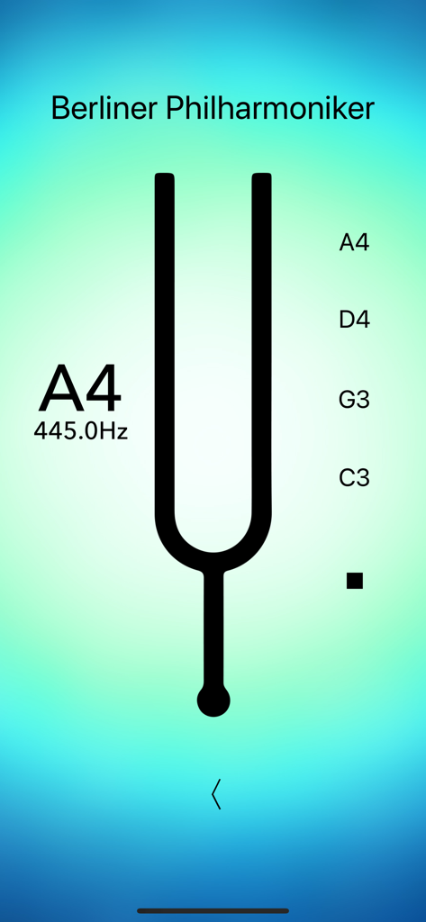 Viola Tuner Professional - A tuning fork interface in the Viola Tuner Professional app displaying Berliner Philharmoniker calibration at 445Hz.