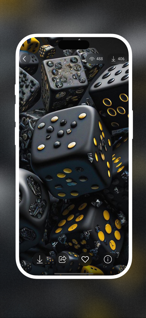 Walli - Stunning Wallpapers 4K - A high-quality 4K 3D wallpaper of black dice with yellow dots displayed on a mobile phone screen.