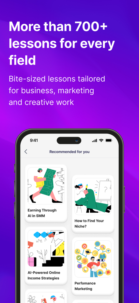 Bildschirm eines Smartphones, der die Benutzeroberfläche der Coursiv-App mit verschiedenen Kurskarten für KI und Geschäft Marketing anzeigt