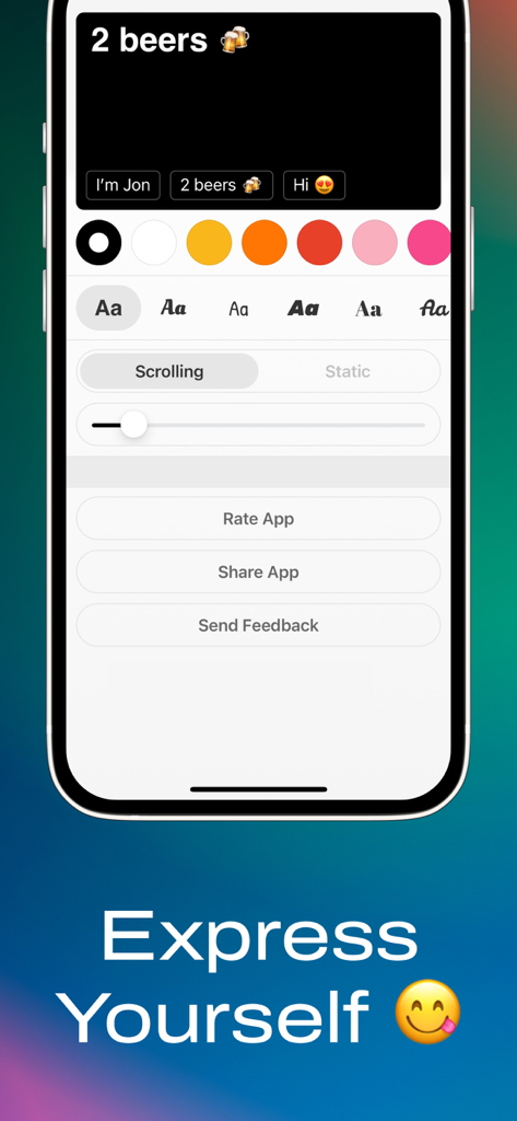 User interface of the MEGATEXT app showing options to customize font color and scrolling speed for an LED banner message.