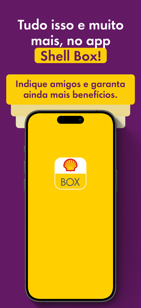 Tela do app Shell Box mostrando recompensas por indicação e o logotipo do aplicativo em um smartphone