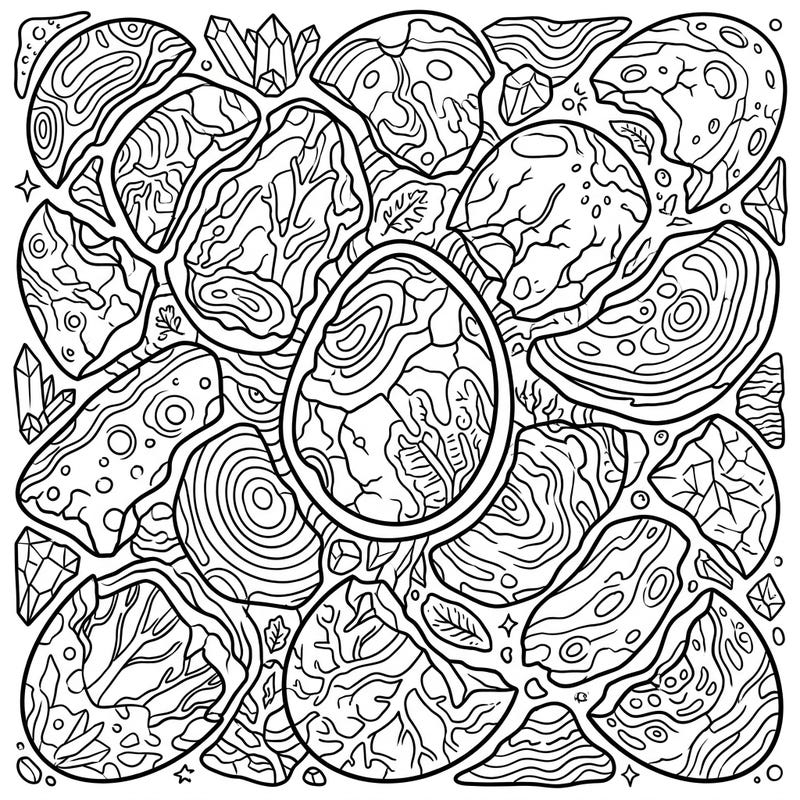Dive into the prehistoric world with this unique coloring page featuring fossilized dinosaur eggshells. Explore a fascinating tapestry of ancient patterns and intricate details, ready for your creative touch.