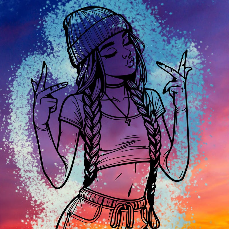 realistic teenage girl with braids and a beanie and crop top doing 🫶🏼