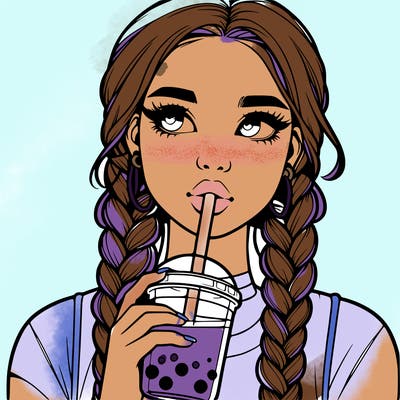 realistic girl with braided hair drinking boba