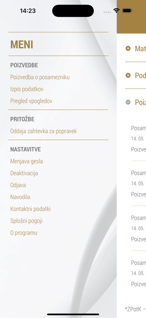 Moj SISBON - Sidebar menu of the Moj SISBON mobile application showing navigation links for credit queries, data correction requests, and account settings.