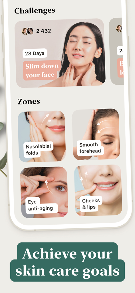 Mimika app interface showing face yoga challenges and targeted exercise zones for skin rejuvenation