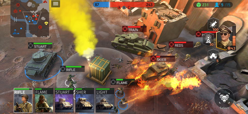 World War Armies: WW2 PvP RTS - Gameplay screenshot of World War Armies showing tactical tank and infantry combat on a realistic 3D battlefield.