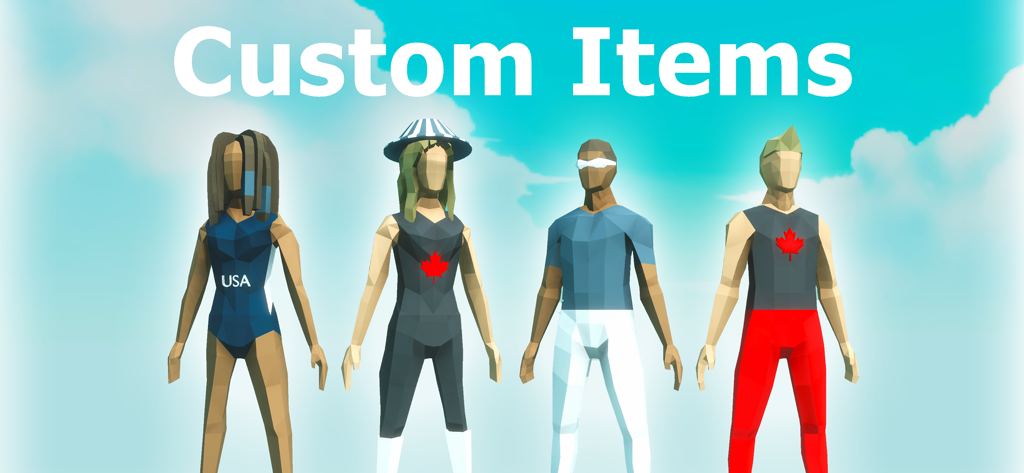 Four customizable stickman gymnasts wearing different national team outfits in the Gym High Bar mobile game