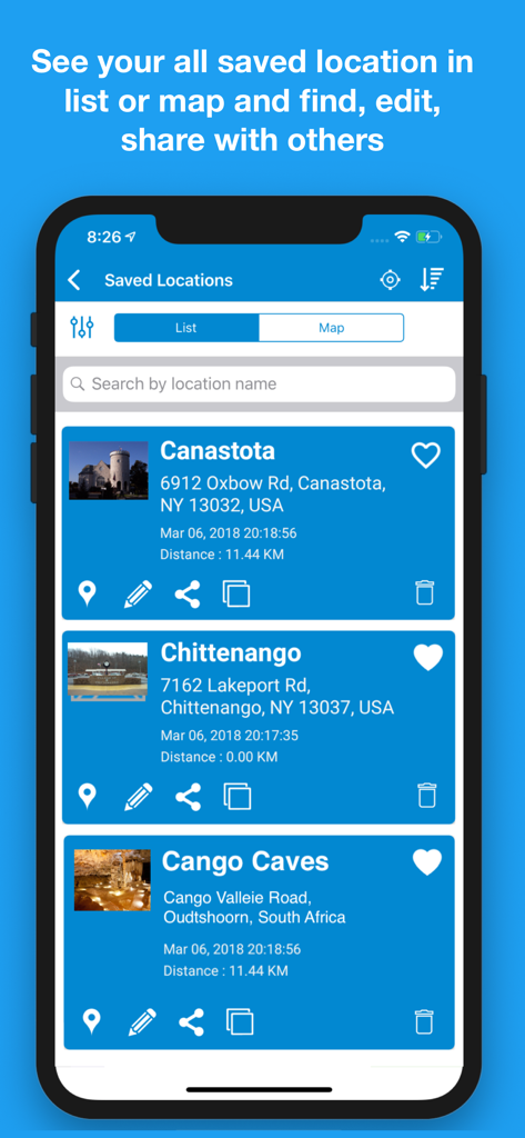 Save Location GPS app displaying a list of saved locations with photos addresses and navigation icons