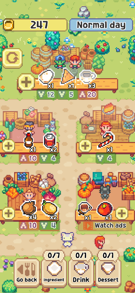 Meow Bistro! - Una scena del mercato dell'alba in pixel art in Meow Bistro dove i giocatori acquistano ingredienti alimentari