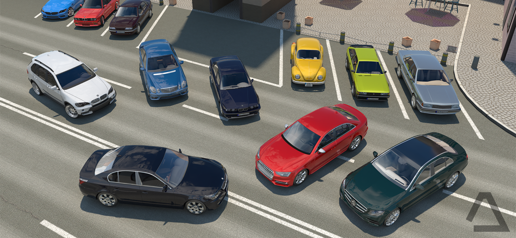 Top down view of various German luxury and classic cars in a parking lot setting.