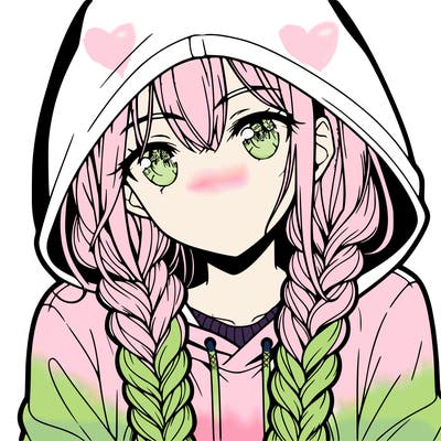 anime girl with long braids and hoodie