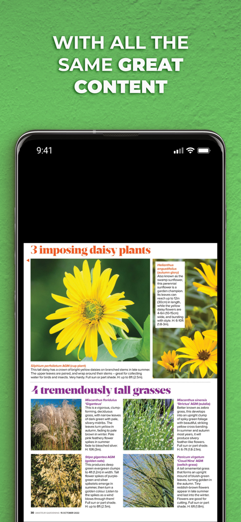 A screenshot of the Amateur Gardening Magazine app showing an article about daisies and tall grasses.