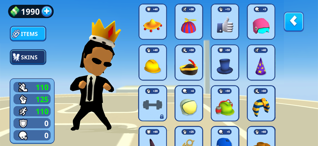 I, The One - Fighting Games - Character customization menu in I The One showing skins and items