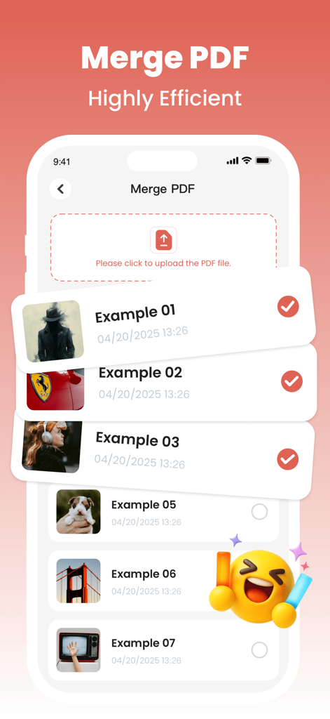 PDFitアプリのインターフェース。複数のドキュメントが選択された、非常に効率的なPDF結合機能を示しています。