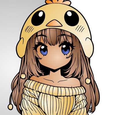 anime girl with chick shaped hat with sweater with bare shoulders with bangs covering them one eye with low tail