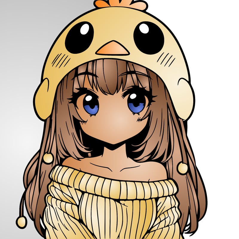 anime girl with chick shaped hat with sweater with bare shoulders with bangs covering them one eye with low tail