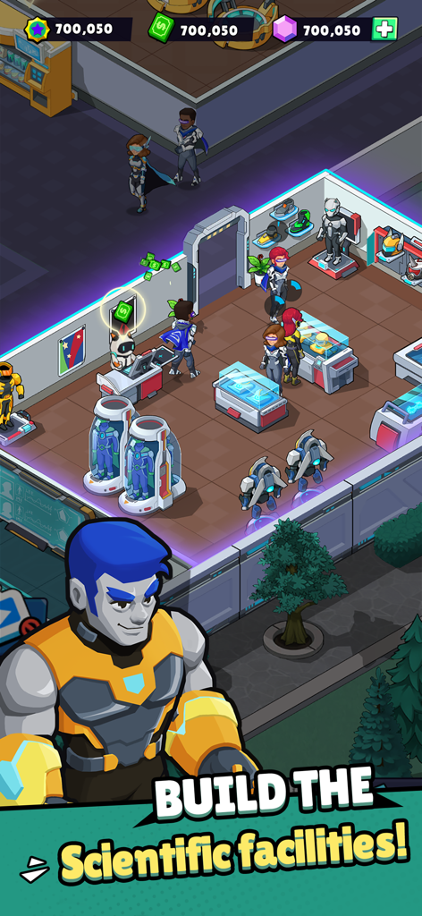 Idle Superpower School - Construindo instalações científicas futuristas em Idle Superpower School com alunos e equipamentos de super-heróis.